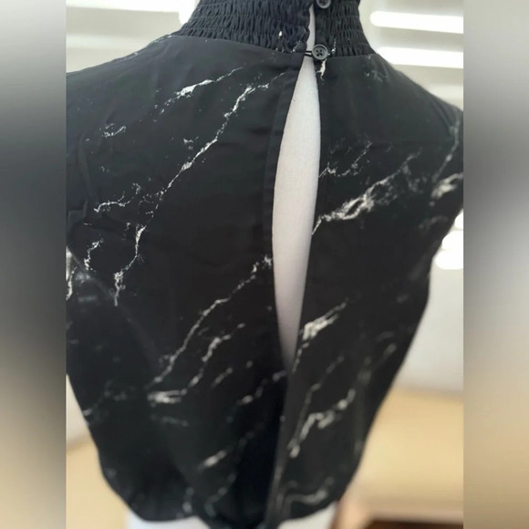 Express | Black Marbeled Sheer Smocked Neck Open Back Sleeveless Blouse - Size M - Picture 5 of 5